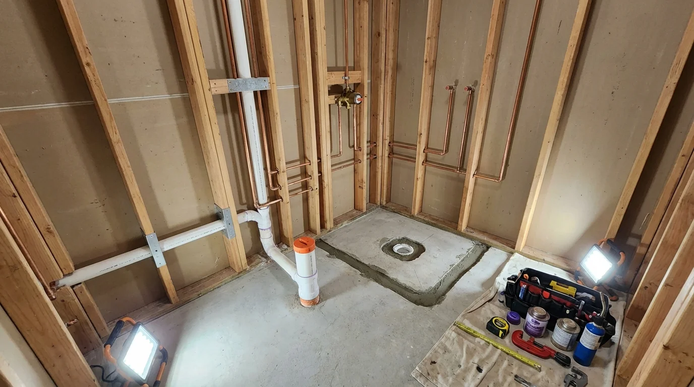 Bathroom rough-in plumbing during remodel by Johns Plumbing LLC in Newland