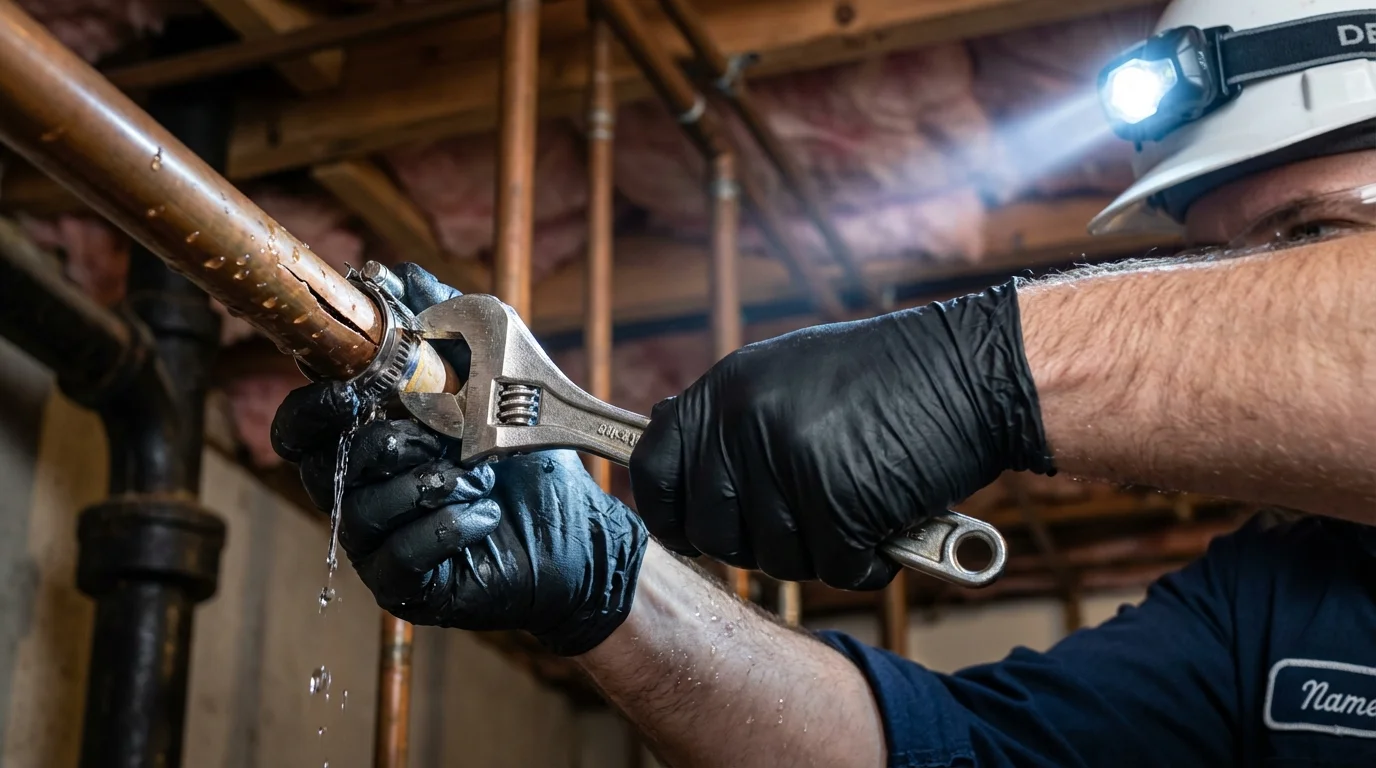 Emergency pipe clamp repair being performed by a Johns Plumbing LLC plumber in Newland