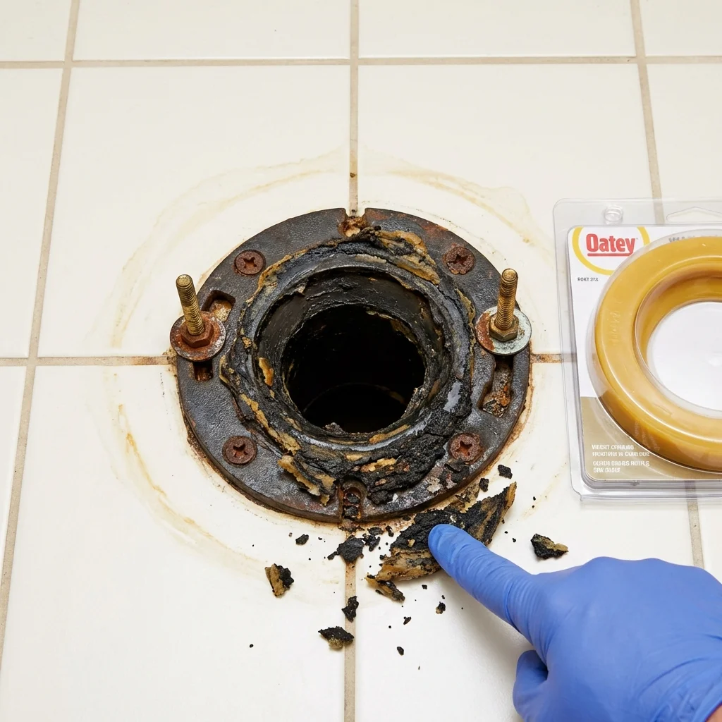 Failed wax ring showing water seepage at the base of a toilet in a Newland, NC home